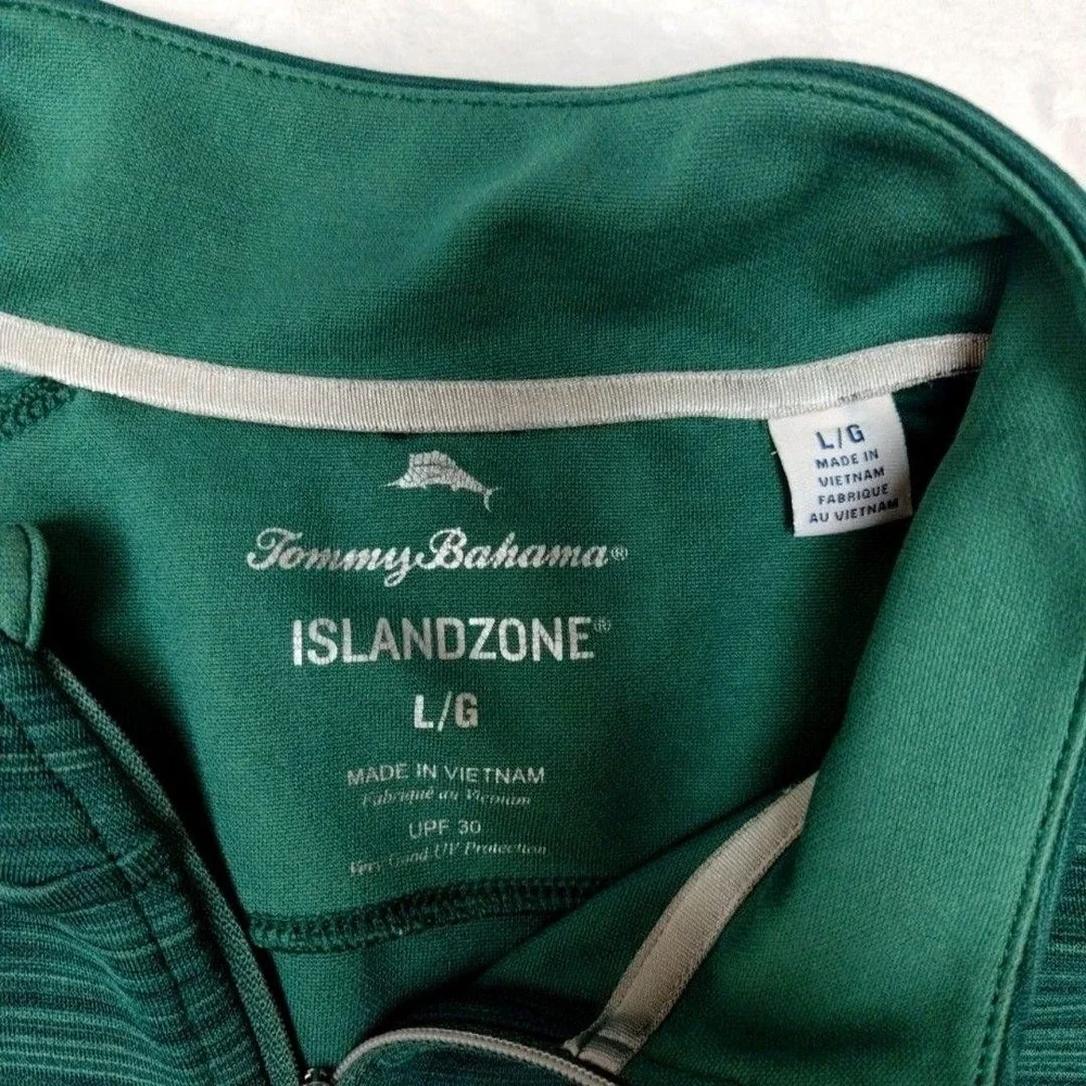 Tommy Bahama Pullover Mens L Green IslandZone 1/4 Zip Mock Neck Striped Golf